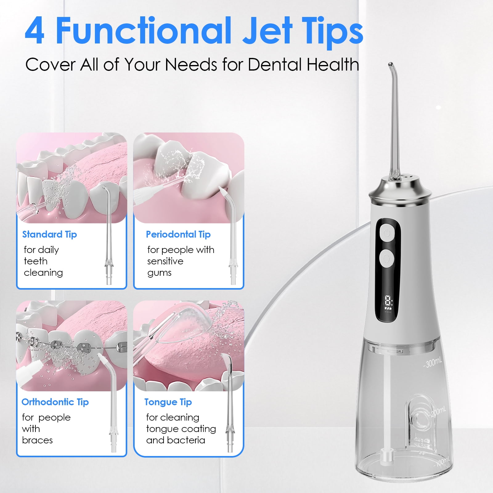 Hooyapik Cordless Water Flosser 300ml 9 Modes Adjustable Pressure for Gum & Braces, 4 Tips, White