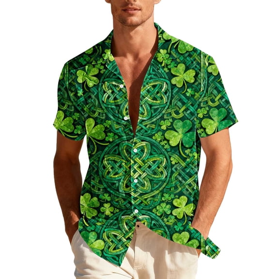 St. Patricks Day Shirts for Men Short Sleeve Summer Tops Shamrock Graphic T-Shirt Button Down Collared Blouse Casual Hawaiian Shirts