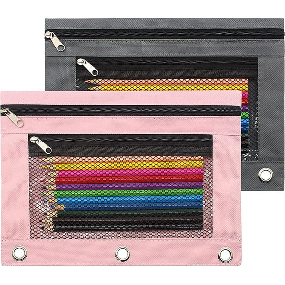 2Pcs/Set Pencil Pouch 3 Ring Binder Pouch Zippered Pencil Case Canvas Pencil Bag with 2 Compartments