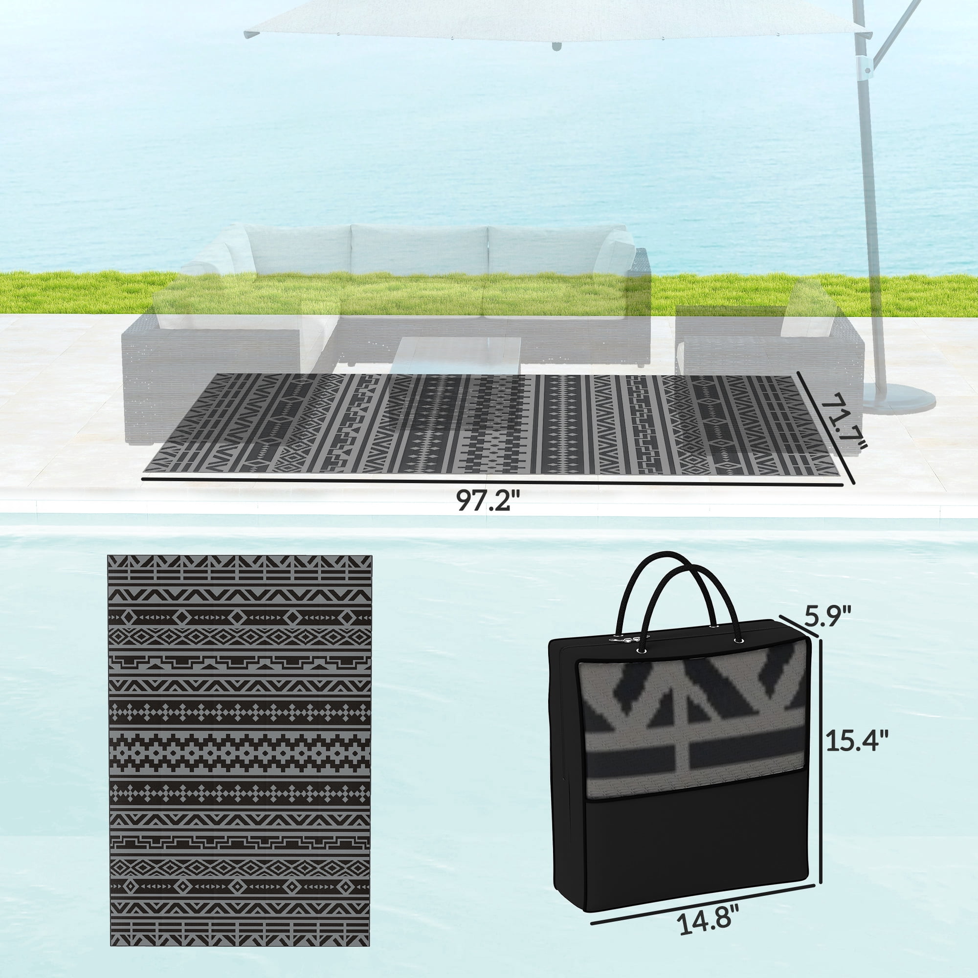 6' x 9' Black & Gray Geometric Wall Reversible Outdoor Rug, Waterproof Plastic Straw Patio Rug, Foldable Portable RV Camping Mat with Carry Bag
