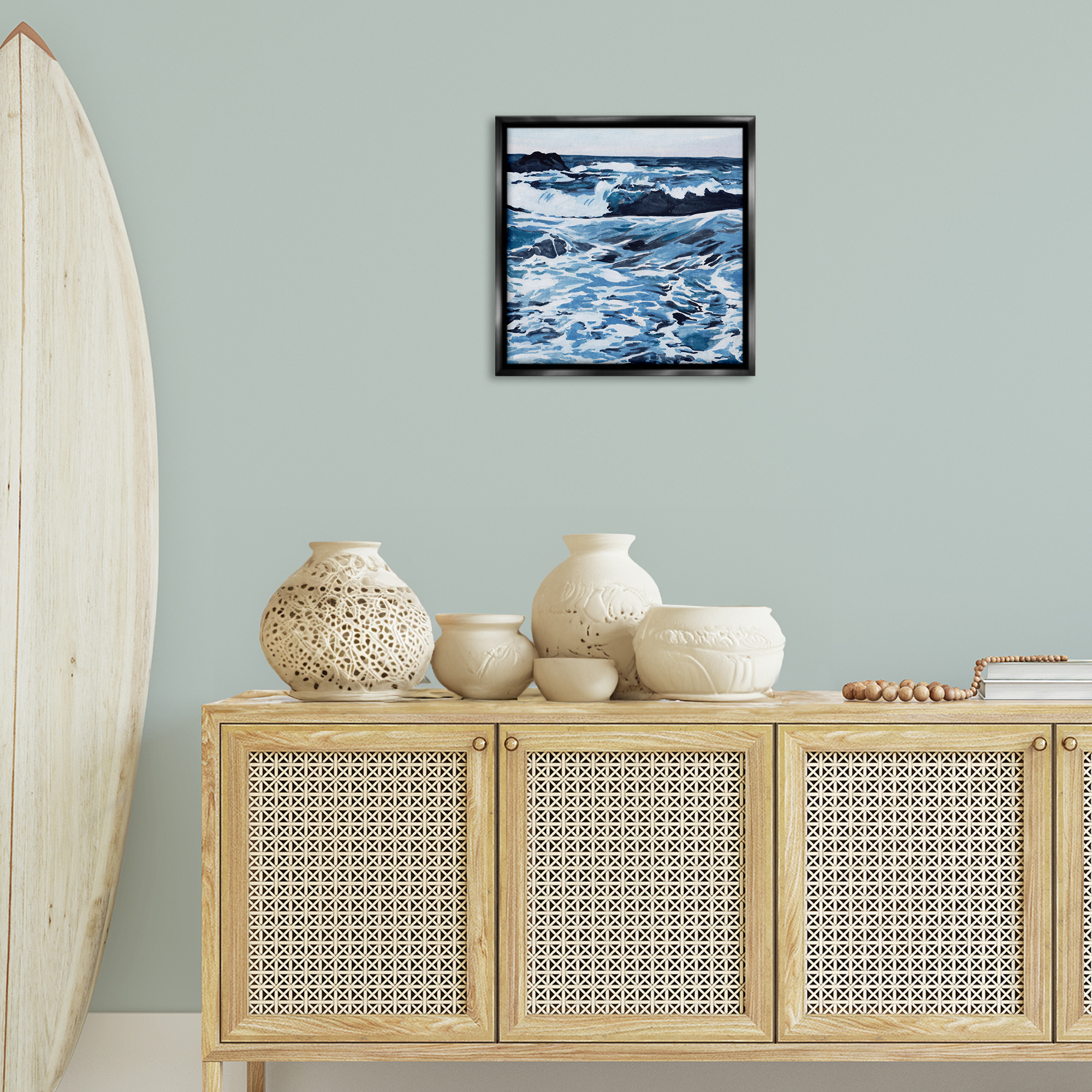 Stupell Industries Blue Coastal Waves Landscape Painting Black Floater Framed Canvas Art Print Wall Art, 18 x 18
