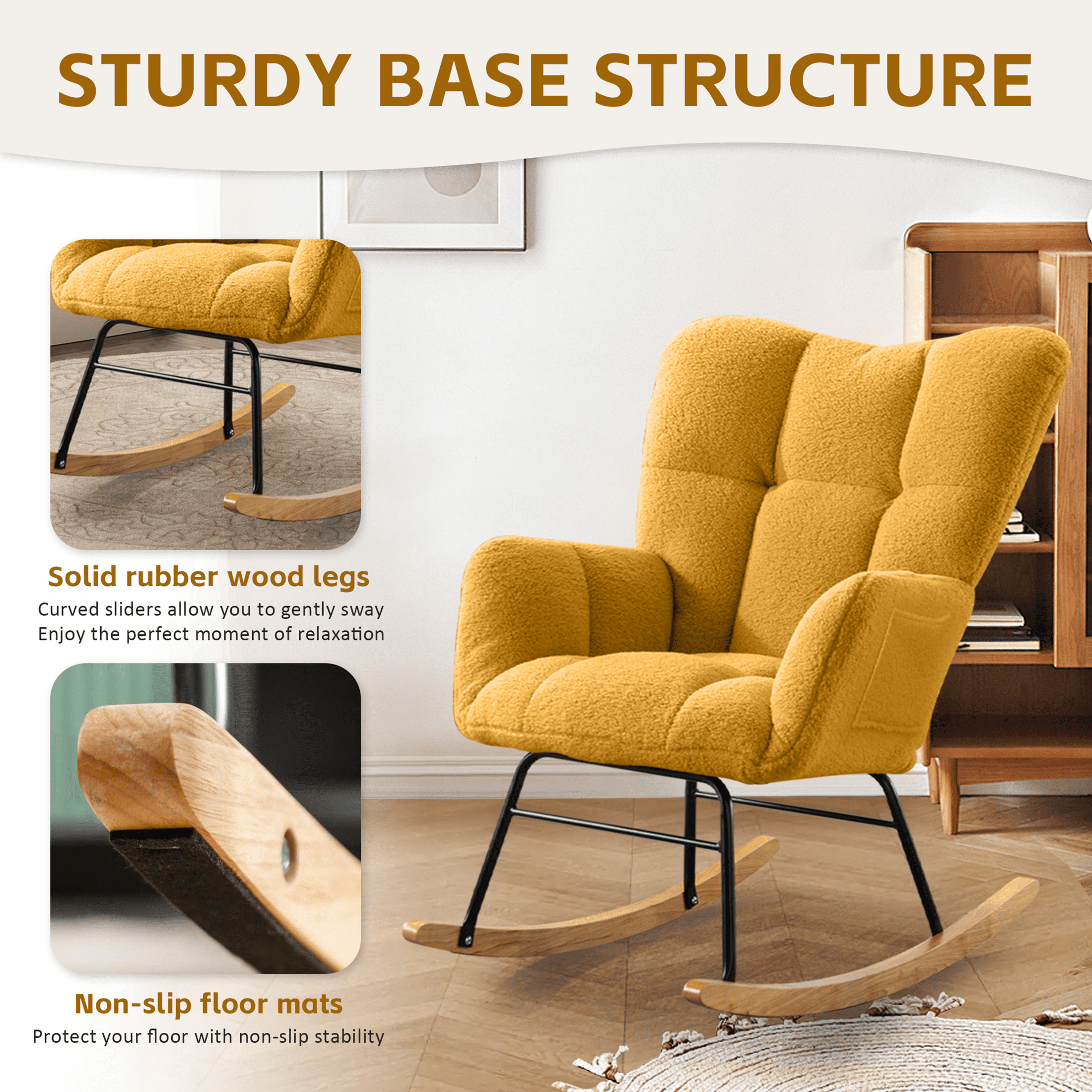 PAPROOS Modern Teddy Fabric Rocking Chair, Accent Rocker Chair with High Backrest, Accent Glider Rocker for Living Room Bedroom Playroom，Yellow