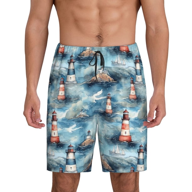 Balery Sea Marine And Lighthouse Pantalones cortos de pijama de punto de algodón para hombre con cinturilla y bolsillos-3X-Large
