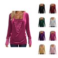 thumbnail image 1 of Womens Sparkle Top 2026 Spring Fashion Y2K Long Sleeve V Neck Loose Velvet Sequin Patchwork T Shirts Rave Outfits, 1 of 8