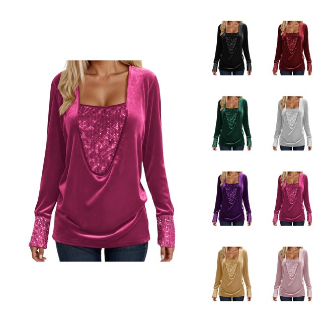Womens Sparkle Top 2026 Spring Fashion Y2K Long Sleeve V Neck Loose Velvet Sequin Patchwork T Shirts Rave Outfits