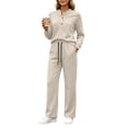 thumbnail image 3 of Plus Size Matching Sets Solid Color Henley Neck Button Top & Drawstring High Waist Wide Leg Pants with Pockets Fall Daily Wear, 3 of 8