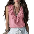 thumbnail image 3 of UDAUDU Womens Crop Tank Tops Sleeveless Ruffle Hem V Neck Shirts Casual Going Out Beach Vacation Blouses Pink S, 3 of 4