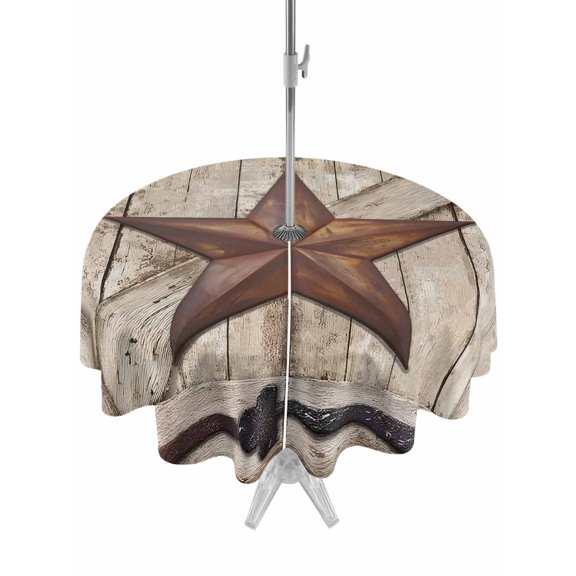 Outdoor Tablecloth with Umbrella Hole and Zipper, Texas Star Vintage Round Table Cloth 60 Inch Waterproof Tablecloth, Brown Beige Wooden Retro Art Picnic Table Cover for Patio Camping