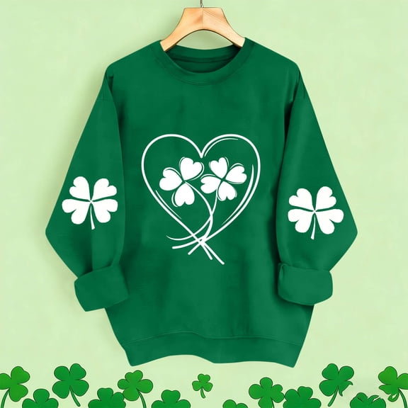 St. Patrick's Day Sweatshirt for Women Double Clover Heart Graphic Long Sleeve Crewneck Casual Loose Fit Soft Festival Holiday Pullover Top