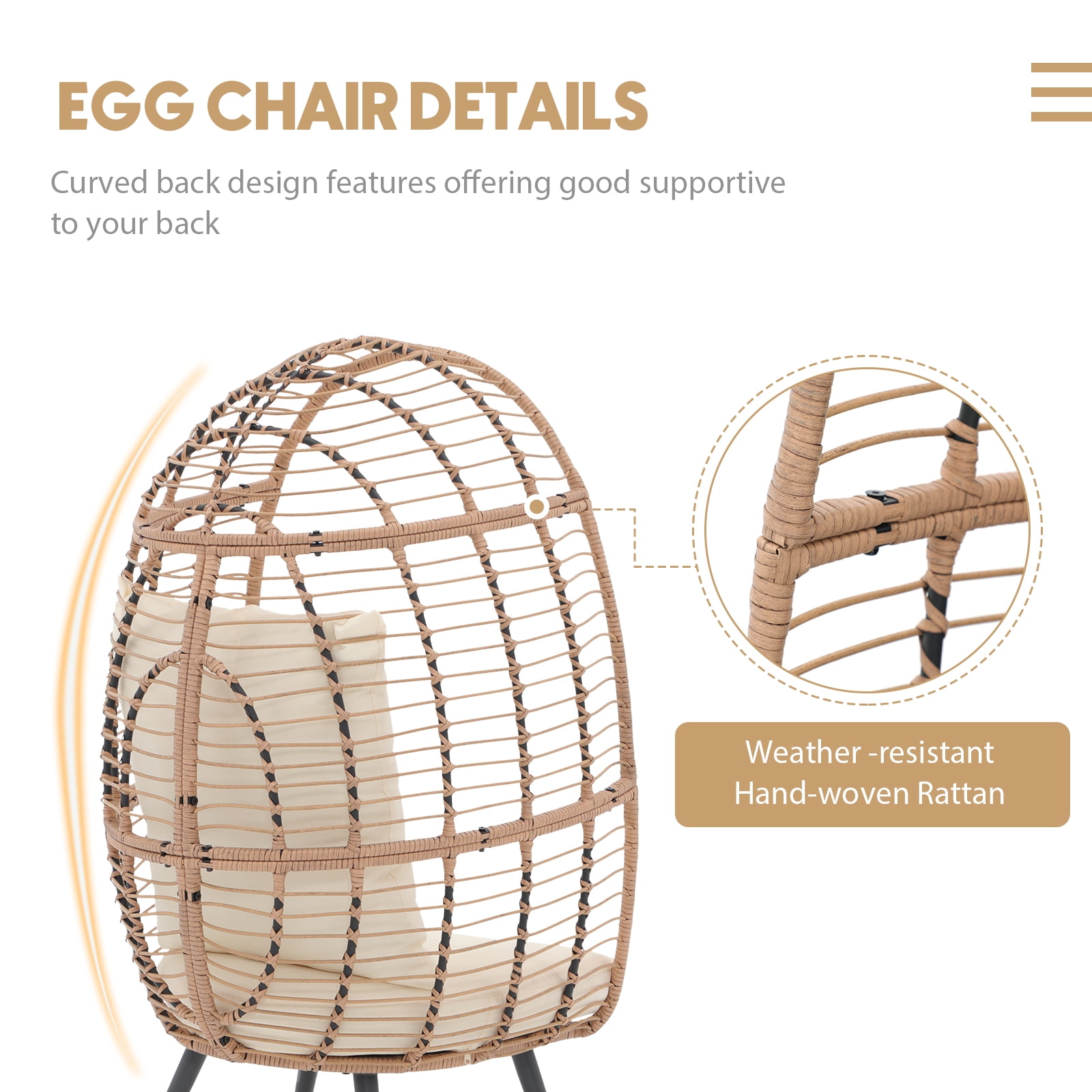 Simenmax Wicker Egg Chair, Outdoor Indoor Oversized Lounger Large Egg Basket Chair with Stand and Cushions for Patio Porch, Backyard, Living Room, Balcony,Beige