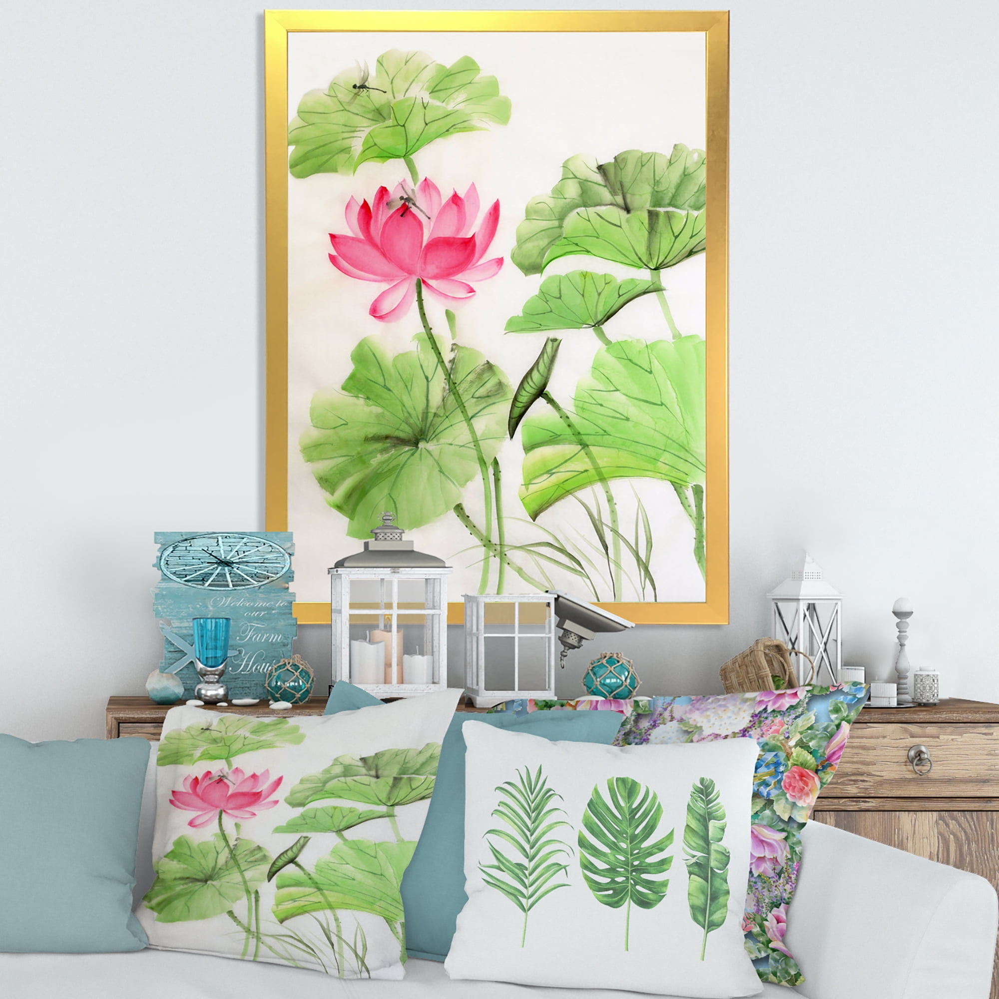 Designart 'Dragonfly and Lotus' Traditional Framed Art Print