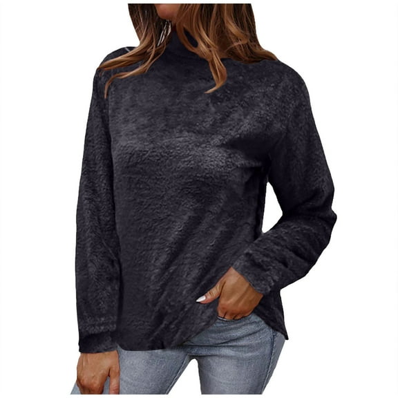 JGGSPWM Womens Fleece Tops Solid Fuzzy Bottom Blouse Shaerpa Pullover Tunic Crewneck Regular Fit Tshirt Tee Shirts Long Sleeve Tops Dark Gray S