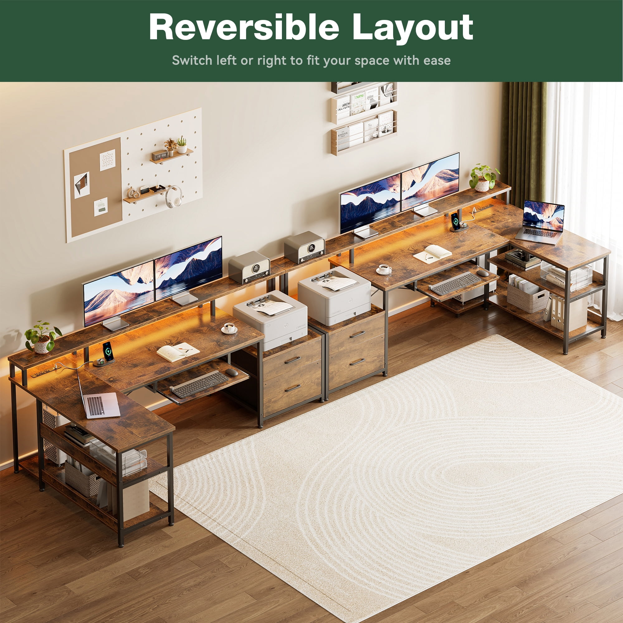 66 inch L-Shaped Gaming Desk with LED Lights & Power Outlets, Corner Computer Desk with 2 Drawers & Storage Shelves, Reversible Workstation for Home Office, Vintage