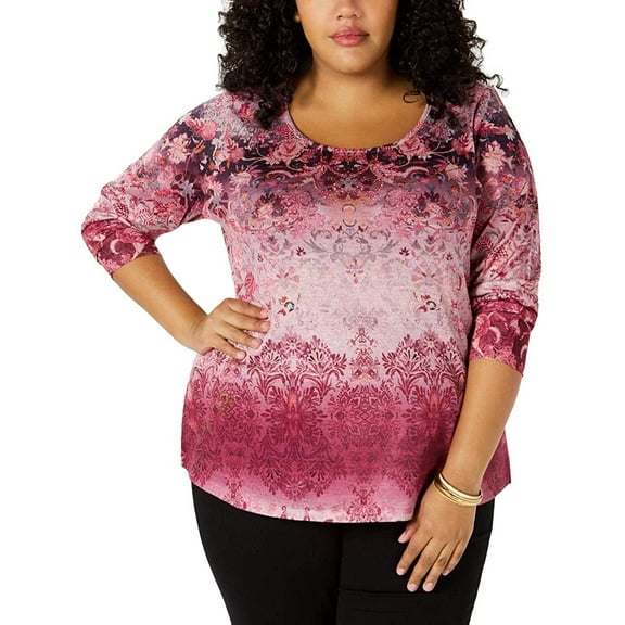 Style & Co Womens Top Plus Ombre Scoop Neck Embellished   Pink 0X