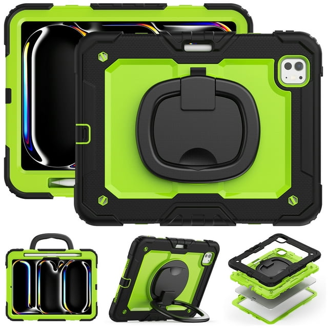 for iPad Pro 11 inch Case (M4 2024/M5 2025), 360 Rotating Shockproof Cover with Stand, Handle, Shoulder Strap, Lime Panel