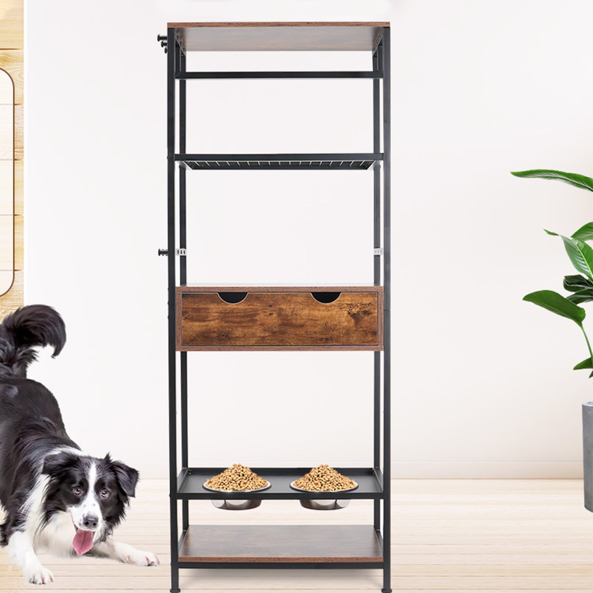 Pefilos 62" Dog Feeding Station, 3 Height Adjustable Raised Dog Bowls Stand, Dog Feeder Station for Large Medium Dogs Cats, Dog Storage with Shelves, Brown