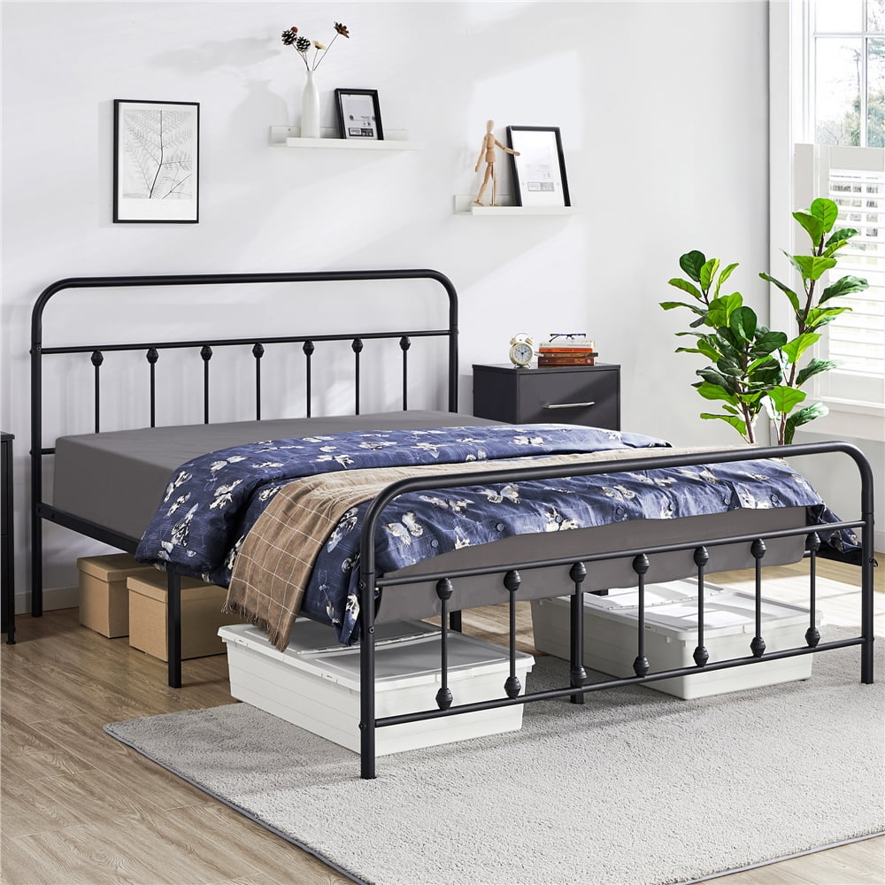 Fullfurnique Lit de plateforme métallique avec tête et pied de lit hauts pour adultes, Twin, Noir