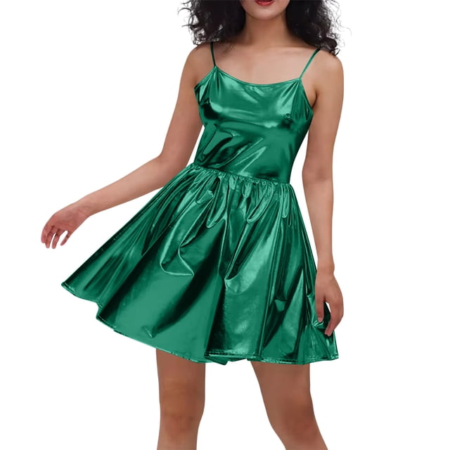 Mceream Robes pour Femmes Grande Taille Bretelles Spaghetti Robe Métallique Évasée Fête Tenue de Boîte de Nuit Brillante Mini Tenue de Danse Taille Haute Robes Patineuse Vert m