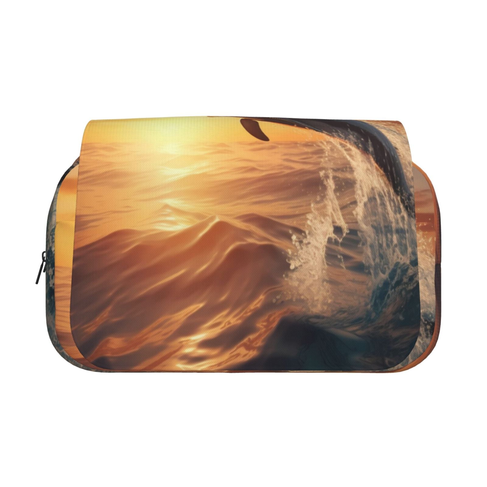 Rateoe Sunset Dancing Dolphin A Pattern Double Clamshell Pen Case, Storage Organizer with Two Zipper Compartments– Holds Up to 50 Pencils & Pens