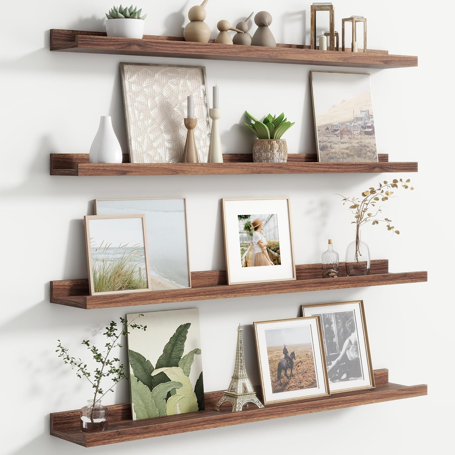 Floating Picture Ledge Shelves for Wall Set of 4, 24 Inch Solid Wood Wall Shelves with Lip Long Large Nursery Book Shelf for Toys Storage Kids Bookshelf Wall Mounted Living Room Bedroom Decor Frames