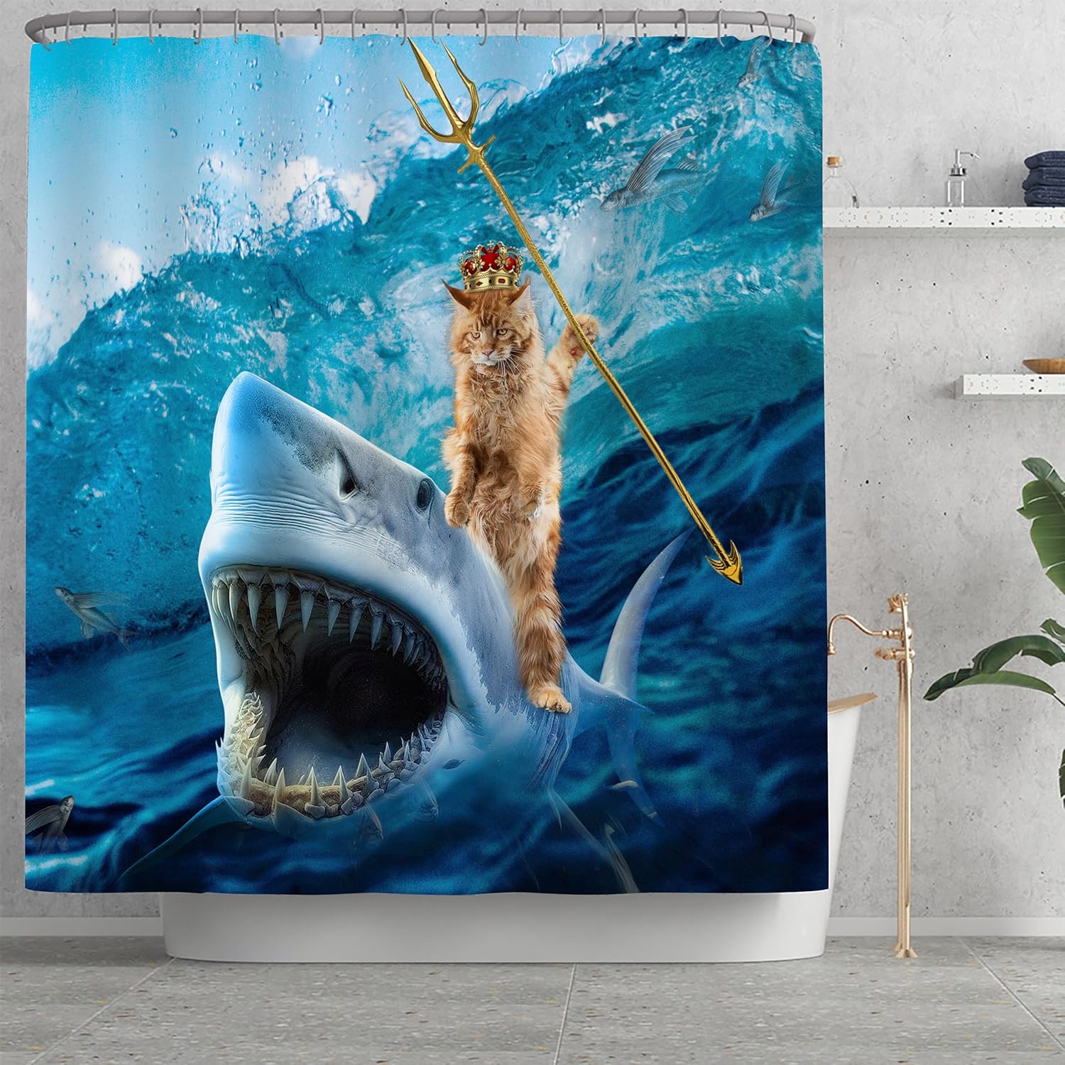 4 Pcs Funny Cat Shark Waterproof Shower Curtain Sets,Ocean Bathroom Sets with Shower Curtain, Toilet Lid Rug, Contour Mat and Bath Mat, 12 Hooks for Bathroom Set Decor
