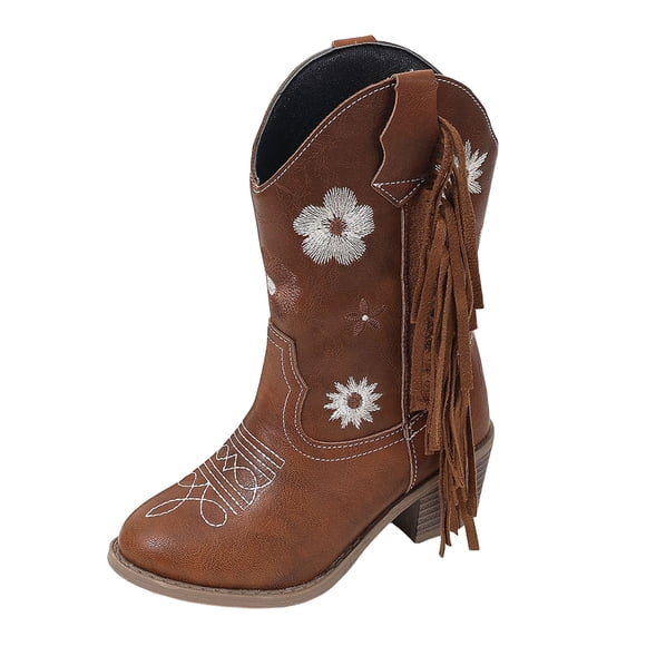 dmqupv Girl Cowgirl Boots Children's Girls' Cowboy Boots Leather Mid Calf Outer Wear Fashionable Casual Slip Thick Heel Embroidered Boots Brown,Size for US 12.5