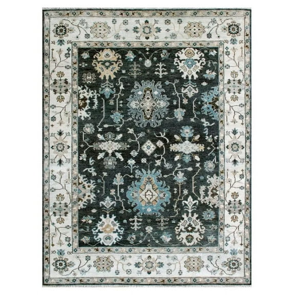 8'x10' Charcoal Beige Pure Wool Hand Knotted Oushak Inspired Traditional Rug