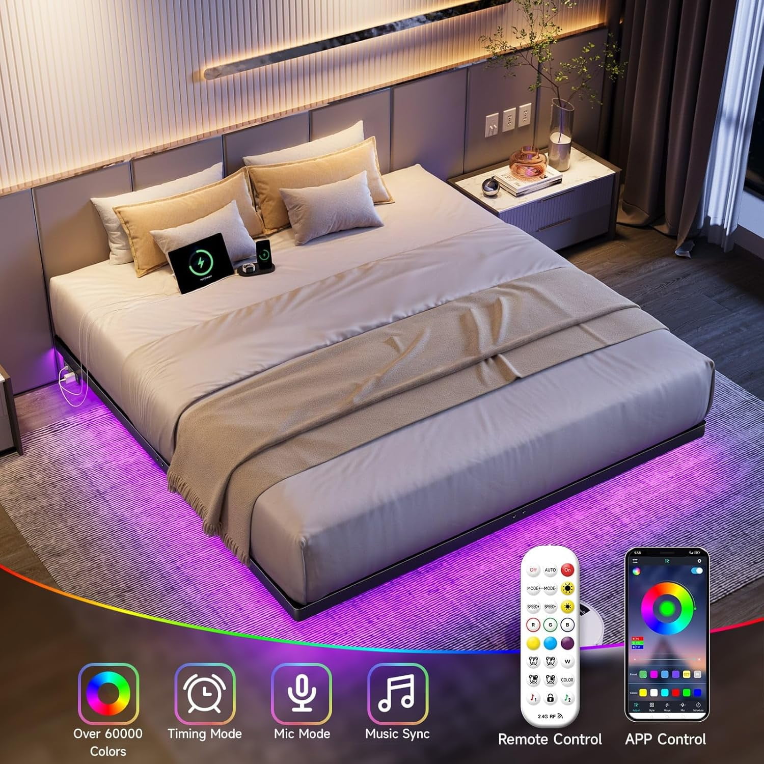 King Size Floating Bed Frame with USB Charging Station and Smart LED Lights, Heavy Duty Metal Platform Bed with Underbed Storage Space, Easy to Assemble, Noise-Free, No Box Spring Needed