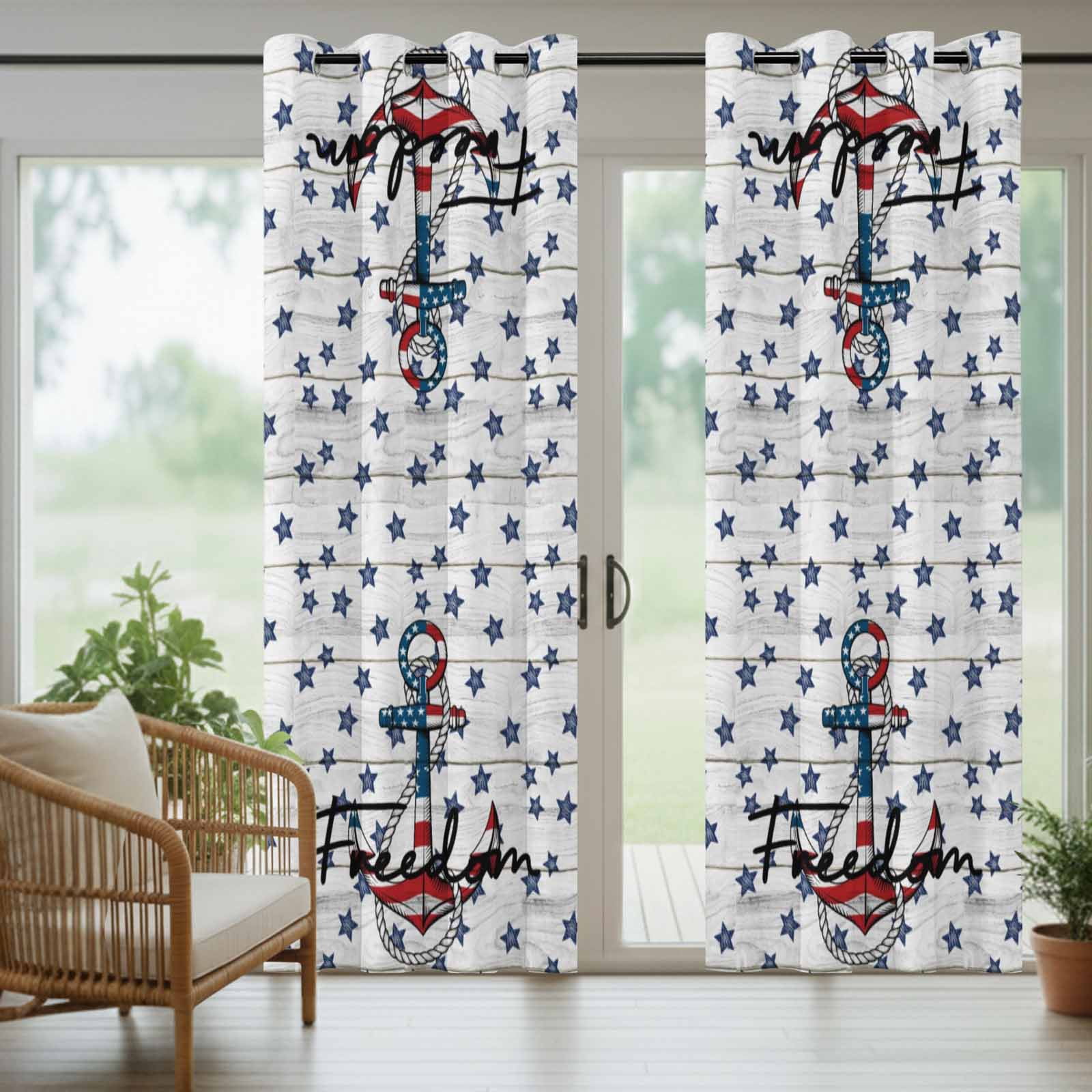 Independence Day Outdoor Curtains for Patio, Freedom Anchors Blue Star Flags White Wood Grain Sunshade Privacy Drapes Grommet Waterproof Outside Curtains for Porch/Cabana/Balcony 54"x 108", 1 Panel