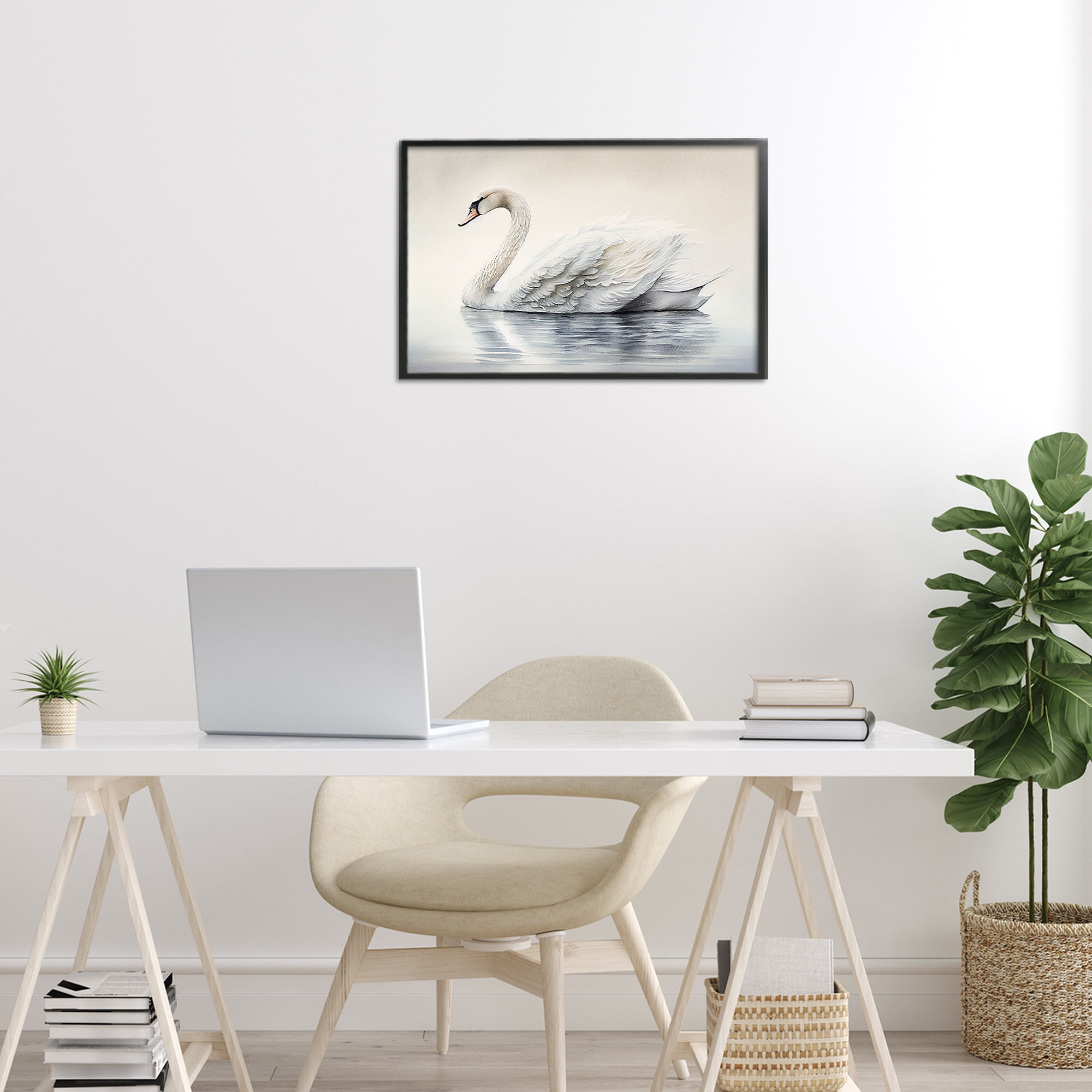 Elegant Floating Swan Black Framed Giclee Art, design by Sasha