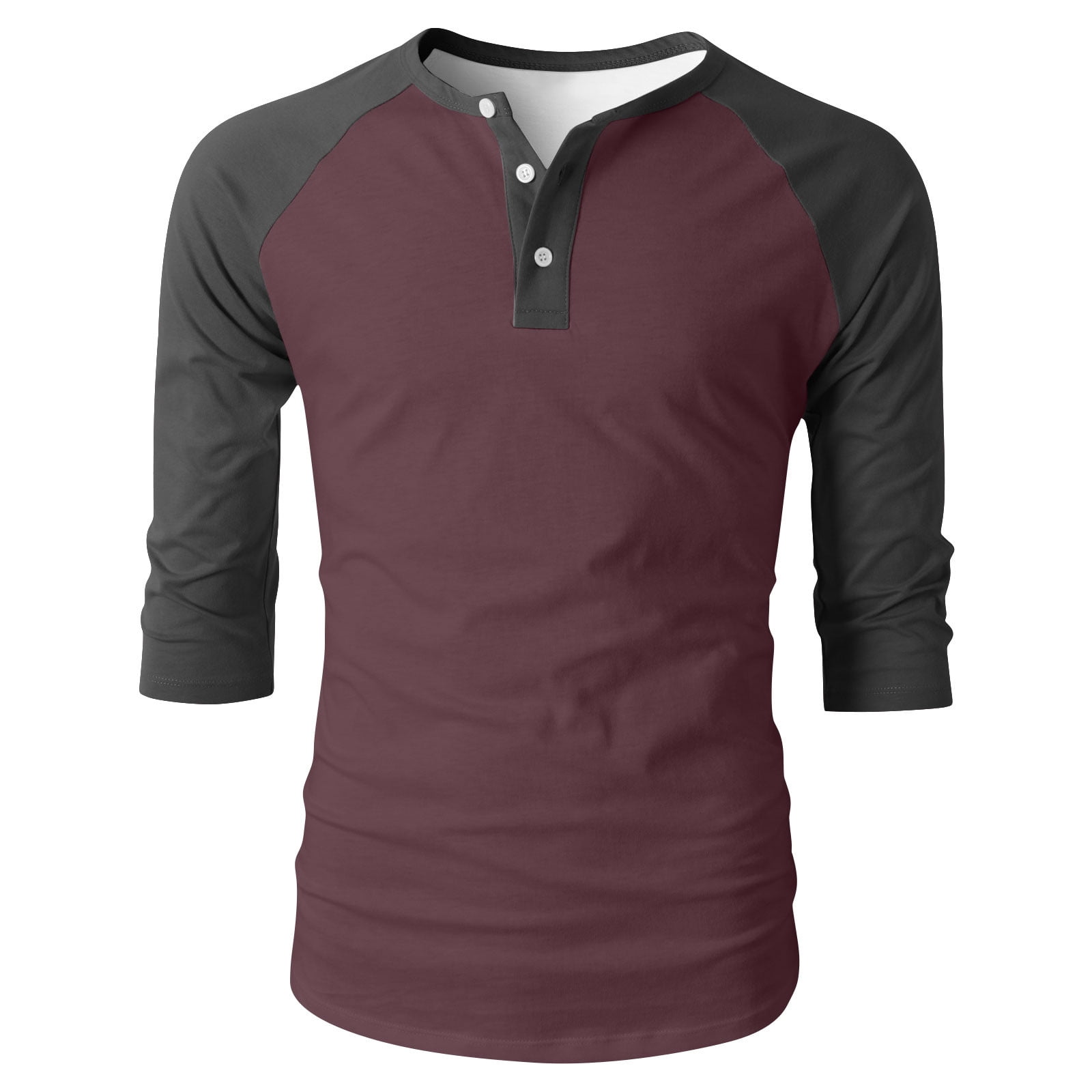 RYRJJ Henley Shirts for Men Raglan 3/4 Sleeve Baseball T-Shirts Color Block Summer Casual Cotton Sport Athletic Tee Tops(Wine,XL)