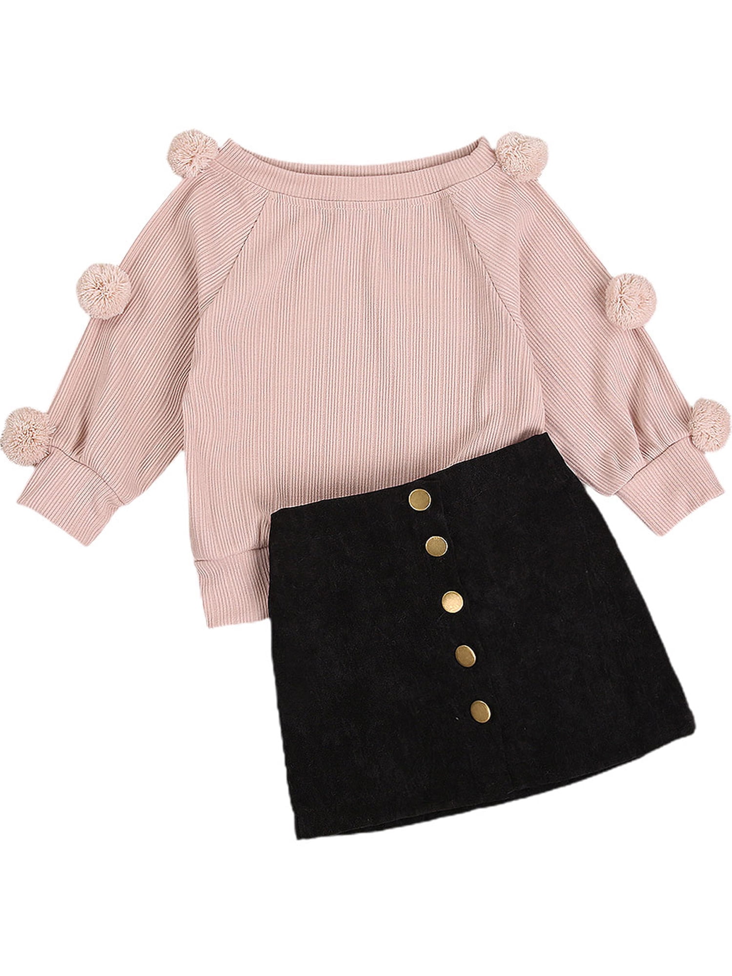 Leather Skirt Fall Winter Clothes Set Carolilly 2Pcs Toddler Baby Girl Outfits Set Long Puff Sleeve Knitted Shirt 