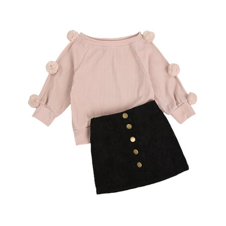 

luethbiezx 2Pcs Toddler Baby Girl Pompom Knitwear + Decorative Button Skirt