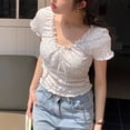 thumbnail image 2 of BUYISI Sweet Hot Girl Ruffled Lace-up Floral Slim Fit Short-sleeved T-shirt White S, 2 of 6