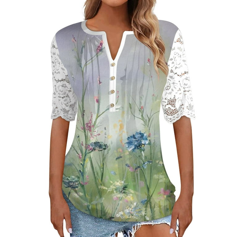 Sksloeg Womens Blouses 2023 Spring-Summer Henley Shirts Button Up