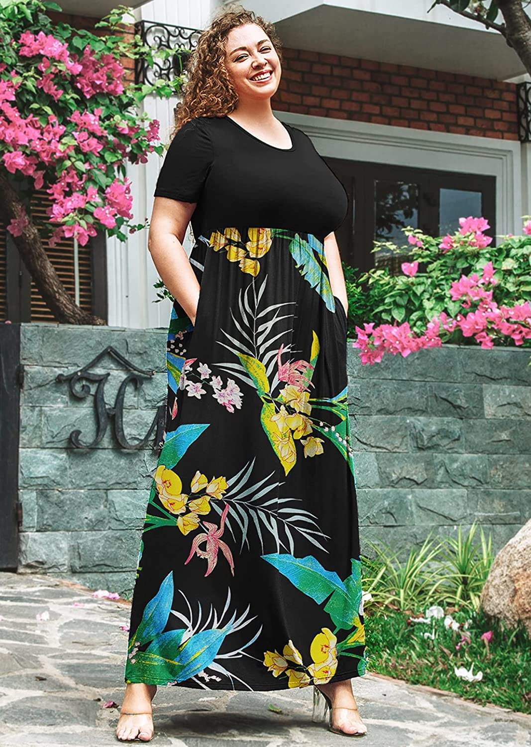 maxi dress for short women SCOMCHIC Plus Size Wedding Guest Black short sleeves SheepFlare Women Plus Size Petite