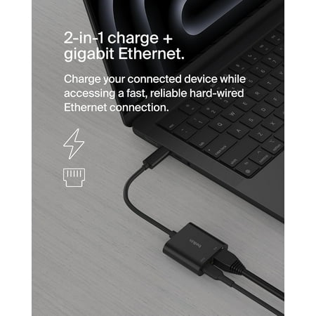 Belkin - USB C To Ethernet + Charge Adapter - Gigabit Ethernet Port for USB C Devices - Black