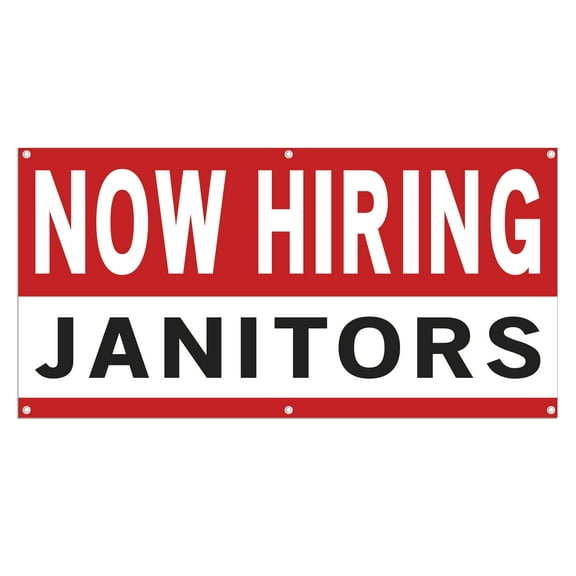Now Hiring Janitors 13 oz Heavy Duty Vinyl Banner Janitor Jobs Available Custodian Help Wanted Sign for Business Advertising Indoor/Outdoor Single-Sided with Metal Grommets (1.5x5 ft, Wh & Re & Bk)