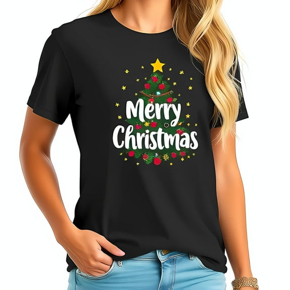 Festive Christmas Tree Cotton Short Sleeve T-Shirt with Colorful Ornaments & Merry Christmas Text - Stylish Holiday Wear