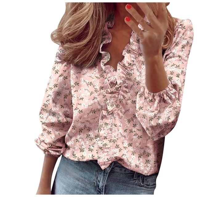 DXOUPM Women's Long Sleeve Shirts V Neck Dressy Ruffle Elegant Blouse Work Shirt Going Out