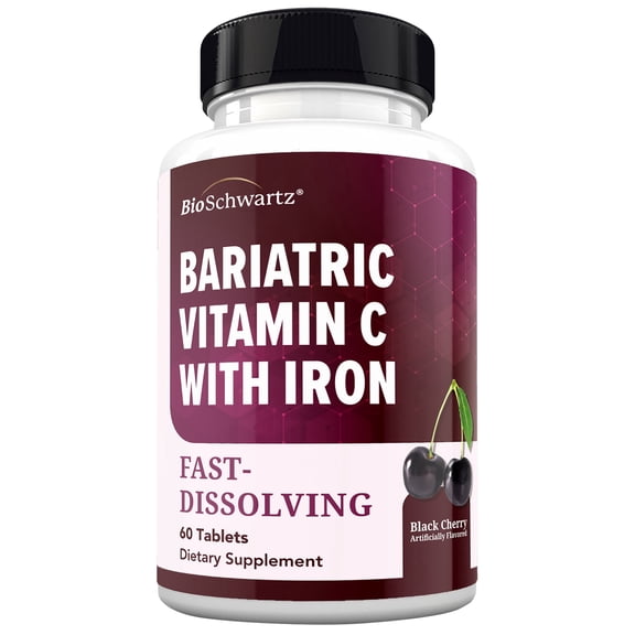 BioSchwartz Bariatric Vitamin C with Iron Chewable Tablets - 30 Servings, 60 Tablets - Sugar-Free, Fast-Dissolving Bariatric Iron Supplement for Women - Gentle on Stomach, Black Cherry Flavored