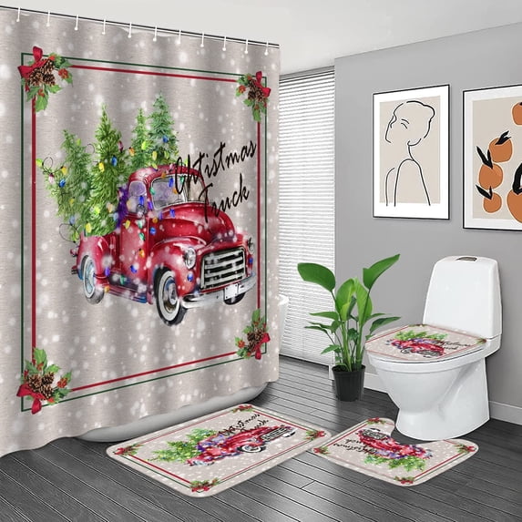 ZHANZZK Retro Christmas Tree Truck 4 Piece Bathroom Set Shower Curtain Bath Rug Contour Mat and Toilet Lid Cover