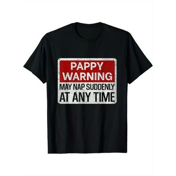 1pc Men'S Cotton Crew Neck T-Shirt with "Pappy Warning" Print - Knit Fabric, Slight Stretch, Regular Fit, All-Season, Mature Style, Perfect for Fathers' Day & Family Events, Black - Sizes S-XXXL