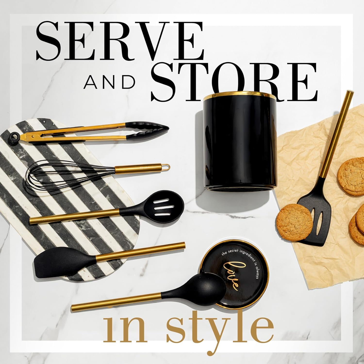 Styled Settings Black and Gold Kitchen Utensils Set – 8 Piece Silicone Cooking Utensils with Gold Handles, Black Ceramic Utensil Holder and Spoon Rest, Nonstick Safe and Heat Resistant