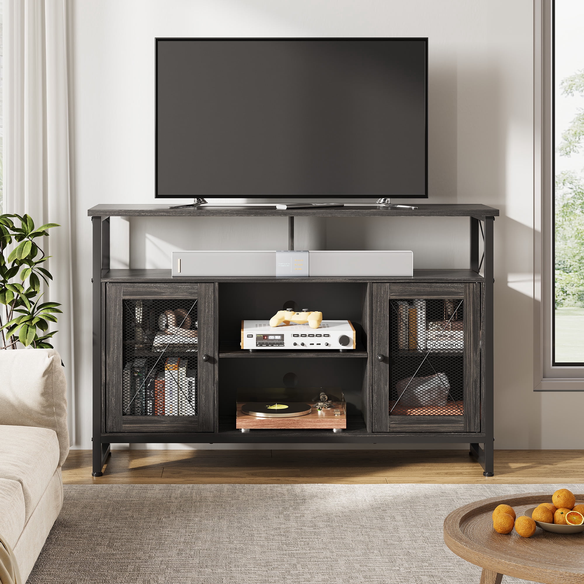 GALAXHERO Tall TV Stand for TVs up to 55", Farmhouse Industrial Entertainment Center with Storage, Media Console for Living Room Bedroom Charcoal Black