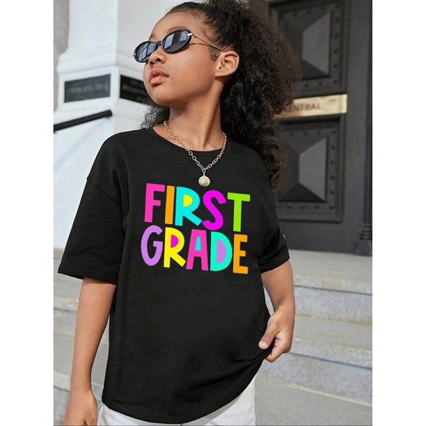 Vibrant "FIRST GRADE" 100% Cotton T - Shirt, Colorful Text Print, Perfect For Back - To - School Celebrations & First Grade Pride