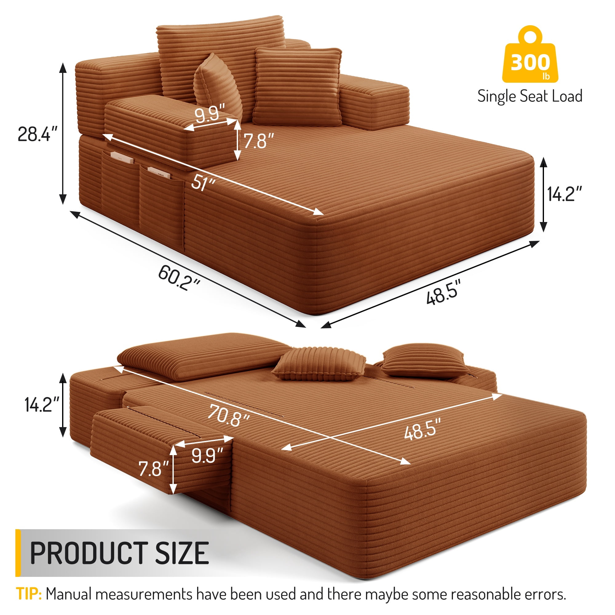 Alvantor Oversized Corduroy Convertible Chaise Lounge Sofa Bed, Orange