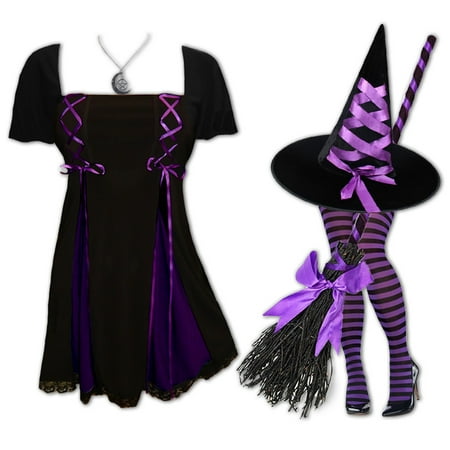 Plus and Regular Size Women's Halloween Witch Costume with Gemini Princess S/S Top, Hat and Tights