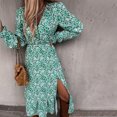 thumbnail image 2 of Lilgiuy Women Casual Split Button Ruffled Hem Long Sleeve V-Neck Mid-Calf Dresses Green 2022 Fall Winter, 2 of 5