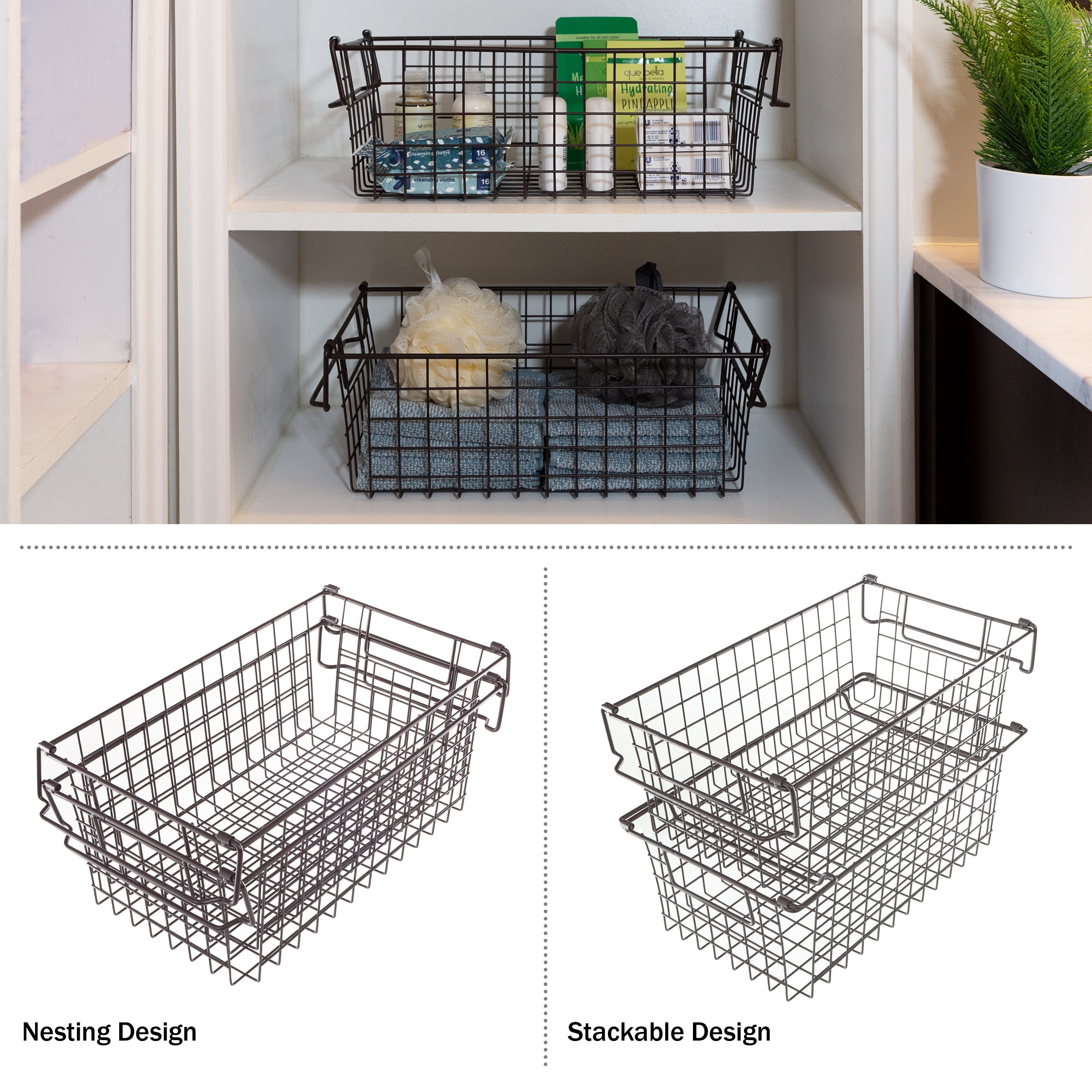 Set of 2 Storage Bins - Basket Set for Toy, Kitchen, Closet, and Bathroom Storage - Medium Shelf Organizers with Handles by Home-Complete (Brown)